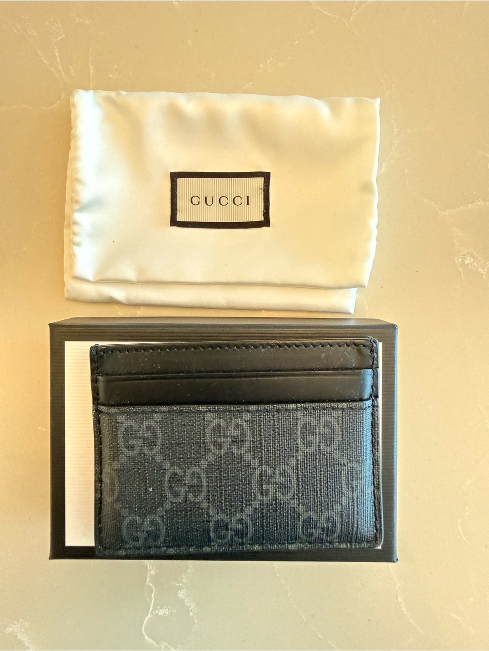 Gucci Black GG Supreme Card Holder with Leather Trim